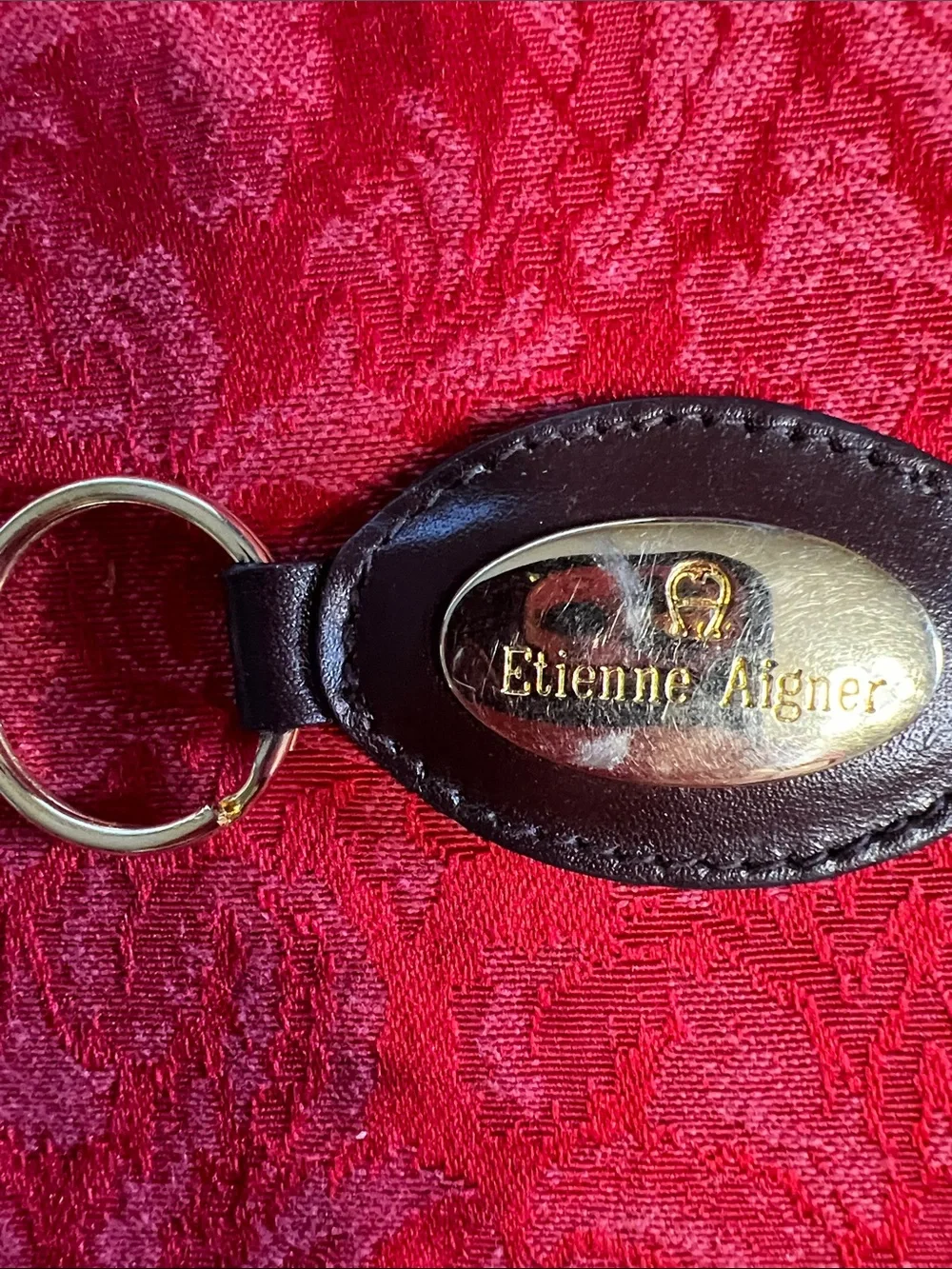 Etienne Aigner Brown Leather Key Fob Gold Tone Logo Keychain